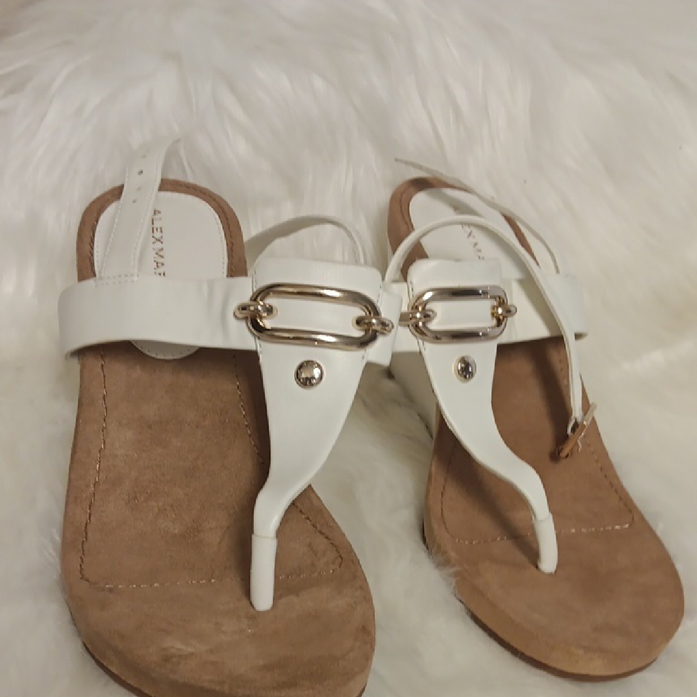 Alex Marie White and Tan Sandals with T-Strap Design